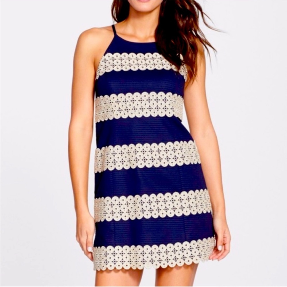 Lilly Pulitzer Annabelle Shift Occasion Dress Navy Gold Size 8